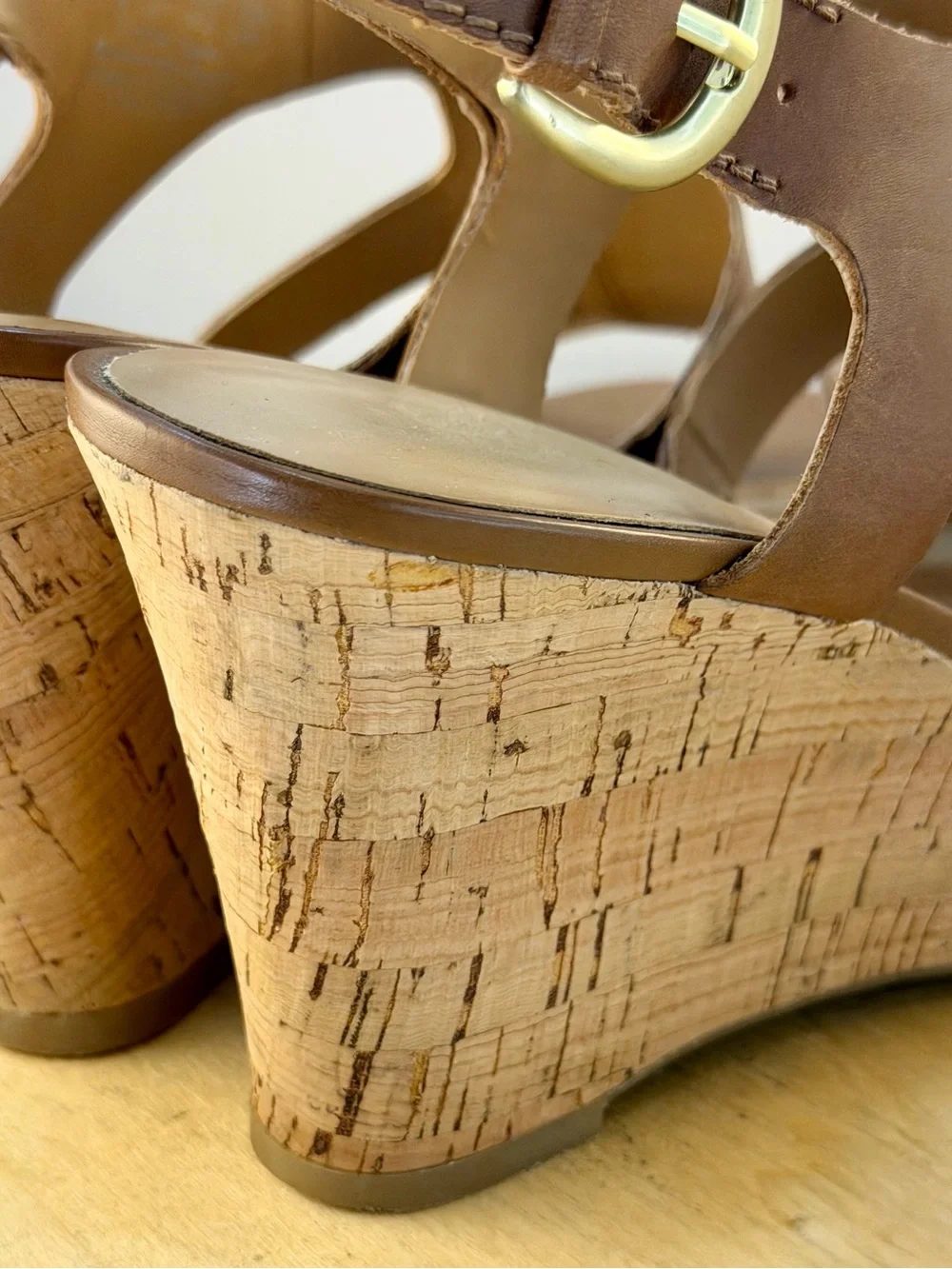 Franco Sarto Collette Brown Leather Cork Wedge Sandals